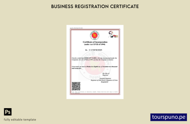 listo para imprimir certificado de incorporación de Bangladesh Plantilla de Word